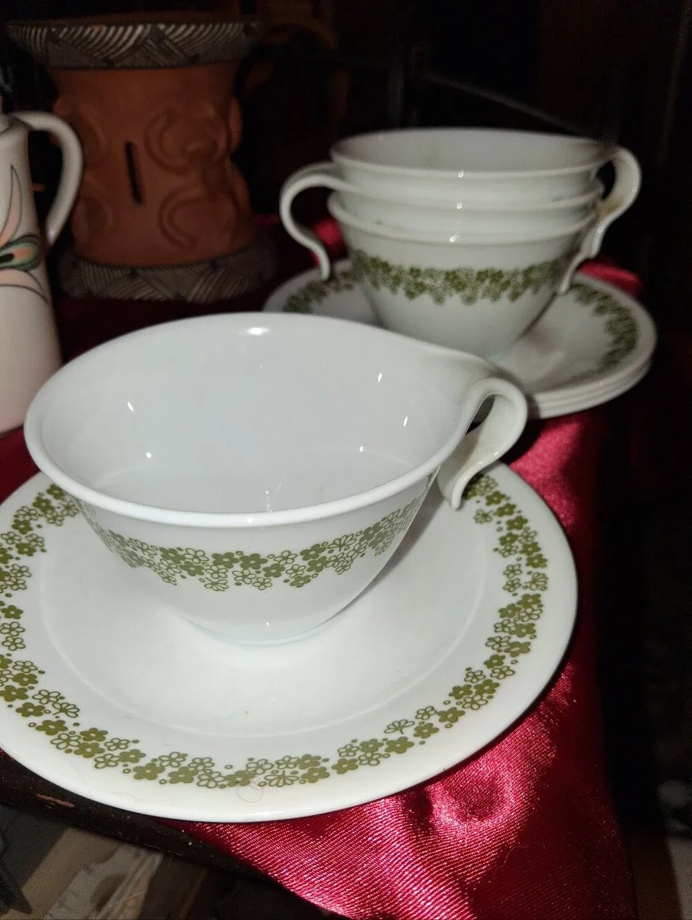 Classic White Tea Cup & Saucer Set with Green Floral Trim Corelle By Corning